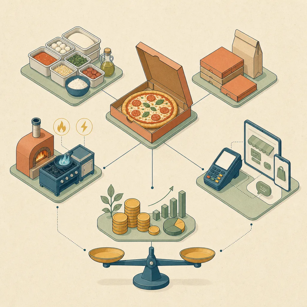 Ilustração isométrica mostrando uma pizza no centro conectada a ingredientes, embalagem, taxas de venda, operação e margem, representados por blocos organizados