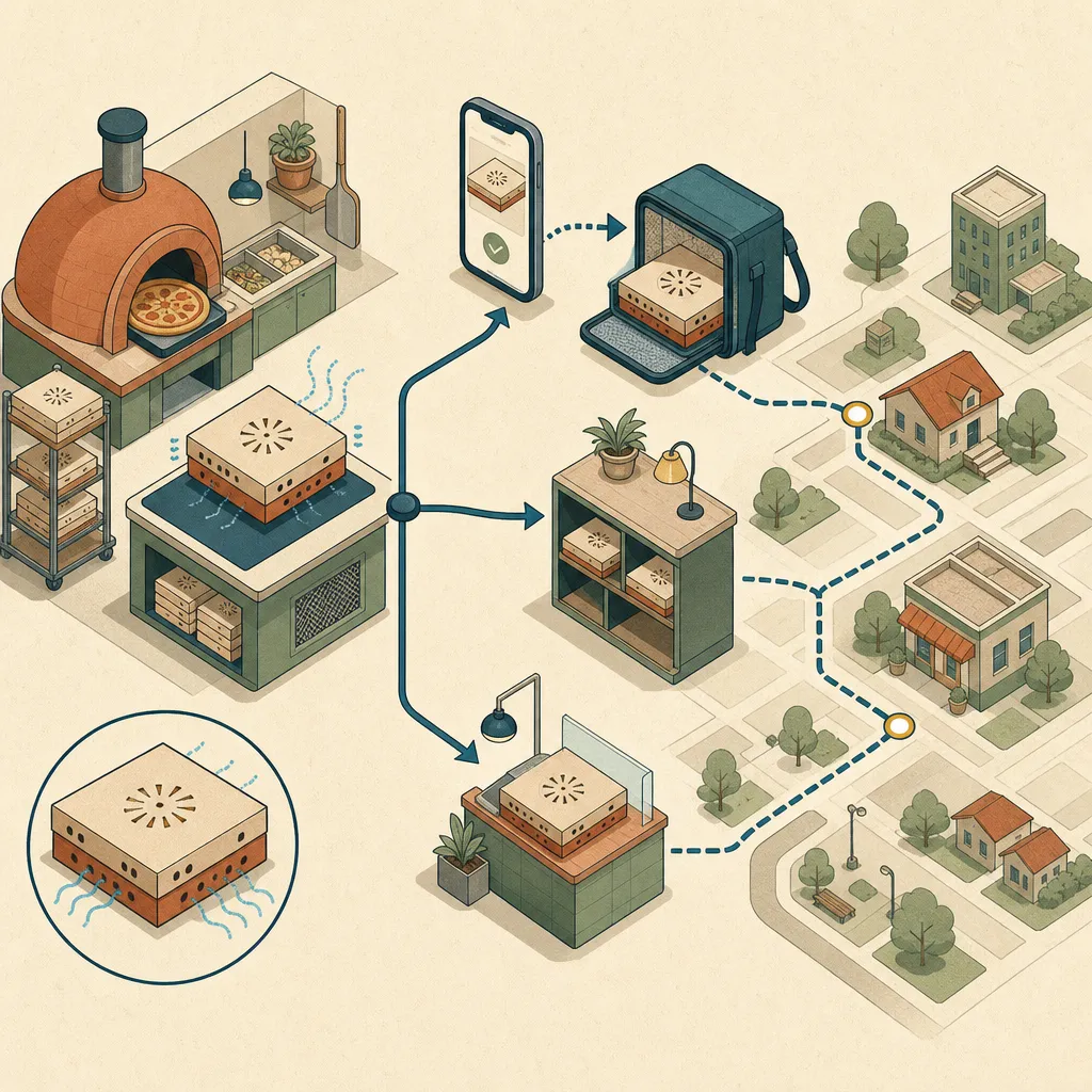 Mapa isométrico de pedidos saindo de uma pizzaria por canais digitais, retirada no balcão e delivery, com rotas curtas e embalagem protegida.