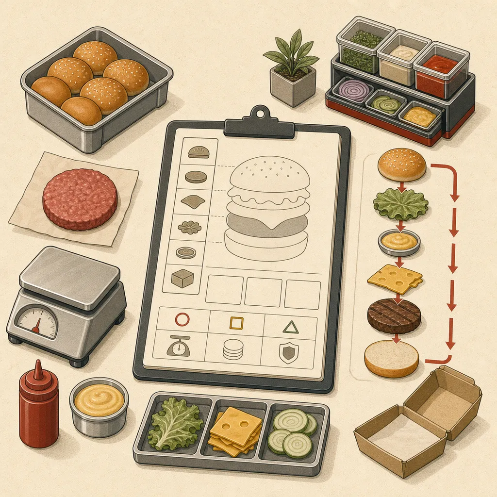 Ilustração de uma ficha técnica visual ao lado de ingredientes porcionados e das etapas de montagem de um hambúrguer padronizado.