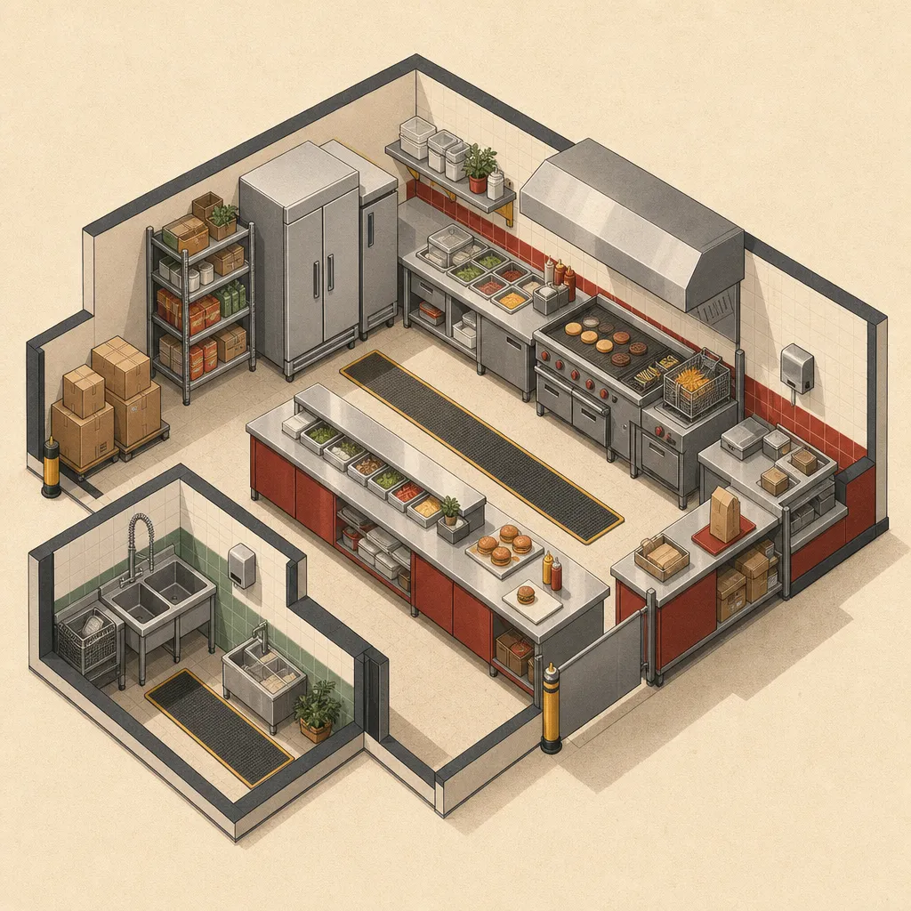 Planta isométrica de cozinha de hamburgueria com áreas separadas para recebimento, armazenamento, preparo, cocção, montagem, embalagem e lavagem.