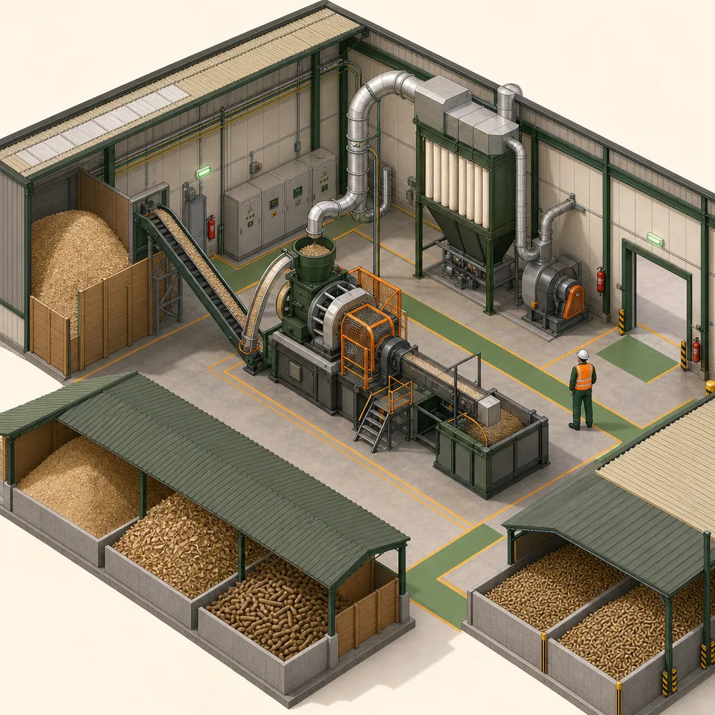 Vista isométrica de uma área industrial de pellets com coleta de pó, proteções de máquinas, extintores, rotas desobstruídas e estoque coberto separado.