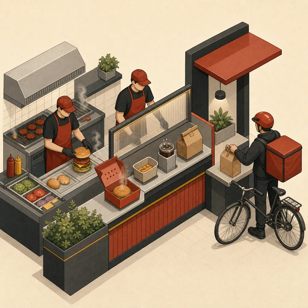 Ilustração de pedido de hamburgueria sendo conferido, embalado com separação entre itens quentes e frios e entregue a um ciclista.