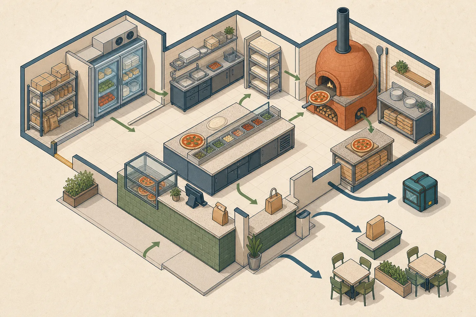 Ilustração isométrica de uma pizzaria planejada, com cozinha organizada, forno, bancada de montagem, estoque, área de expedição e três saídas para delivery, ret