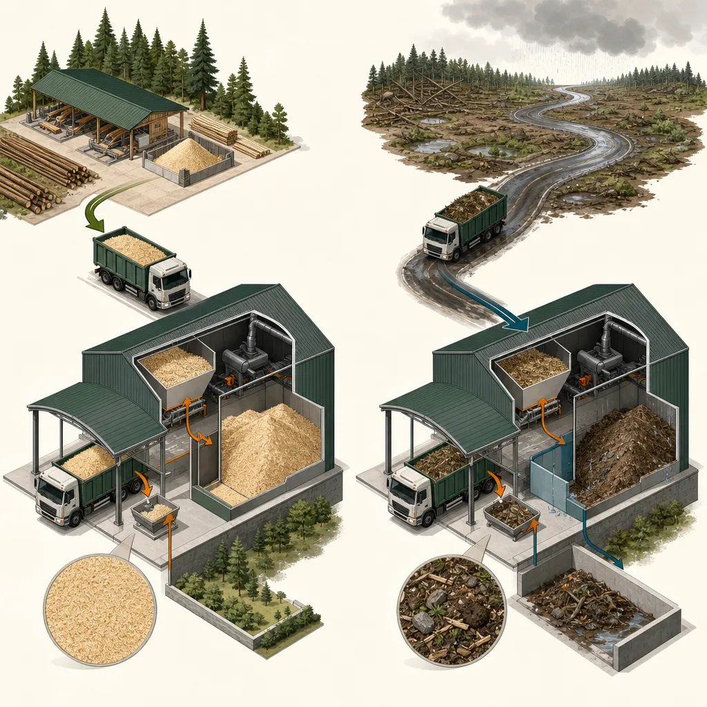 Comparação visual entre uma fonte próxima de serragem limpa e uniforme e uma fonte distante de biomassa úmida e contaminada, destacando inspeção e transporte at