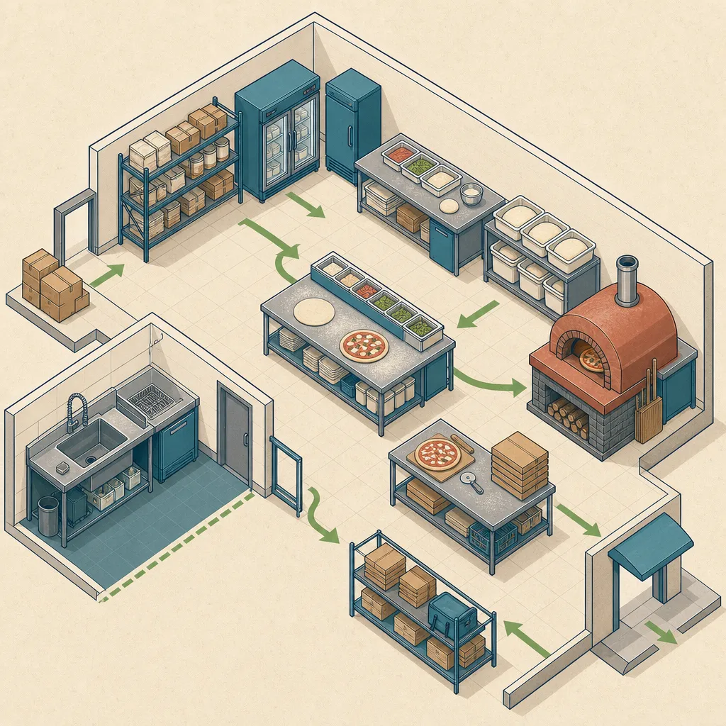 Diagrama isométrico do fluxo de uma cozinha de pizzaria, do recebimento de ingredientes até a expedição do pedido, com lavagem separada da montagem.