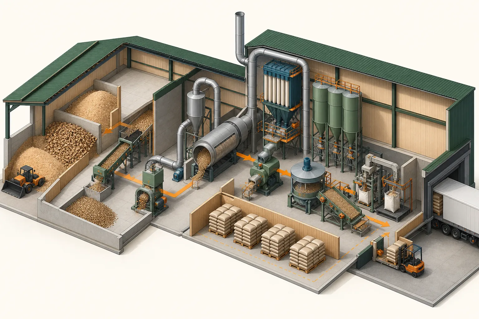 Ilustração isométrica de uma fábrica de pellets de madeira, mostrando a chegada da biomassa, processamento, silos, embalagem e expedição conectados em um fluxo