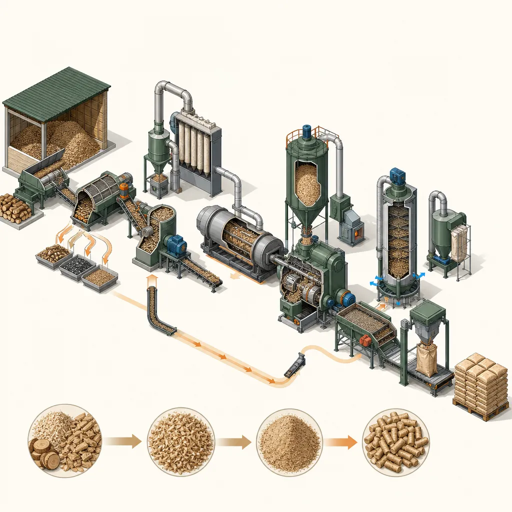 Fluxo isométrico do processo de pellets de madeira, desde o recebimento da biomassa até a embalagem e a expedição.