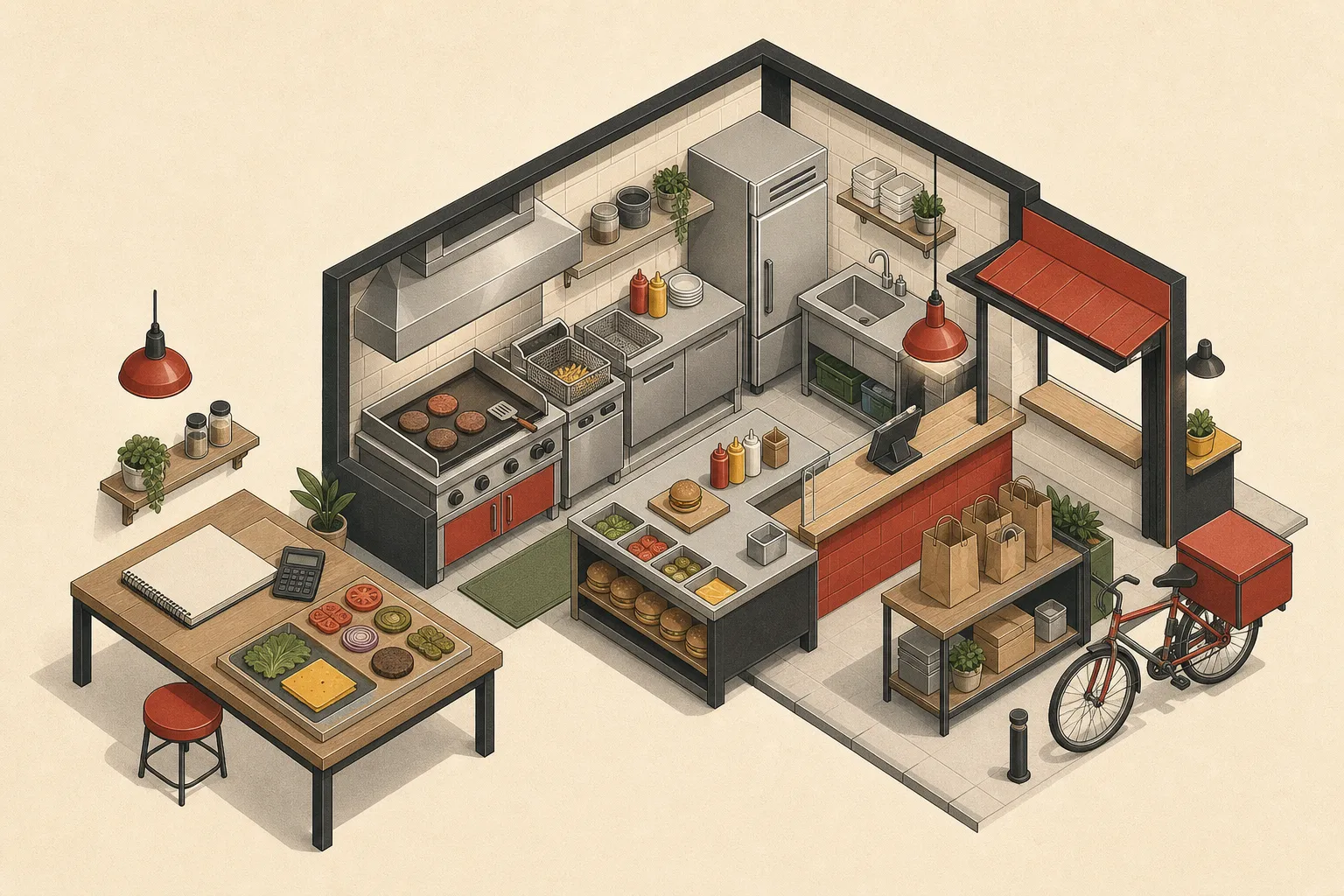 Ilustração isométrica de uma pequena hamburgueria mostrando cozinha, balcão de retirada, área de embalagem, entrega e planejamento financeiro conectados em uma